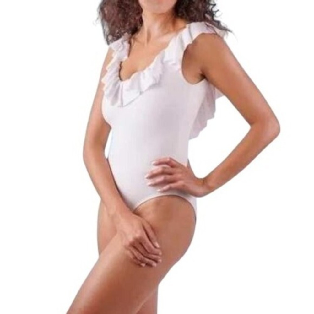 Liberty & Justice Womens XS‎ Ruffle Neckline One Piece Swimsuit High Leg White